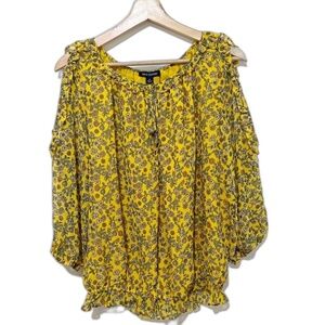 Max Studio Floral Cold Shoulders Top Blouse Size M Puff Sleeve Ruffle Prairie